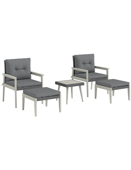 Outsunny 5 Pieces Rattan Garden Furniture Set, Patio Conversation Set with Cushions, Acacia Wood Top Coffee Table and Footstools - pic 164063 | FastDaddyshop