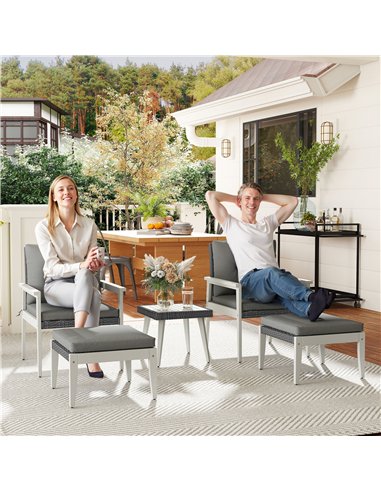 Outsunny 5 Pieces Rattan Garden Furniture Set, Patio Conversation Set with Cushions, Acacia Wood Top Coffee Table and Footstools
