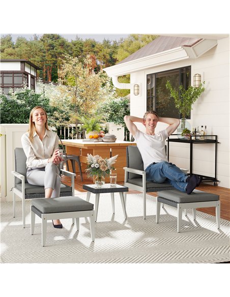 Outsunny 5 Pieces Rattan Garden Furniture Set, Patio Conversation Set with Cushions, Acacia Wood Top Coffee Table and Footstools - pic 164064 | FastDaddyshop