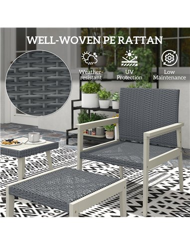 Outsunny 5 Pieces Rattan Garden Furniture Set, Patio Conversation Set with Cushions, Acacia Wood Top Coffee Table and Footstools