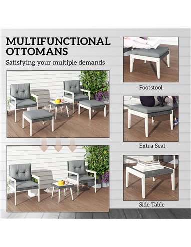 Outsunny 5 Pieces Rattan Garden Furniture Set, Patio Conversation Set with Cushions, Acacia Wood Top Coffee Table and Footstools