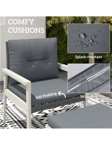 Outsunny 5 Pieces Rattan Garden Furniture Set, Patio Conversation Set with Cushions, Acacia Wood Top Coffee Table and Footstools