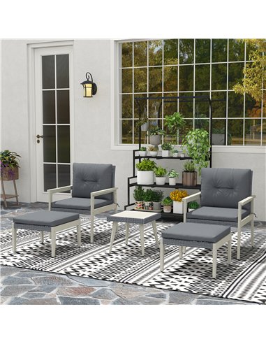 Outsunny 5 Pieces Rattan Garden Furniture Set, Patio Conversation Set with Cushions, Acacia Wood Top Coffee Table and Footstools