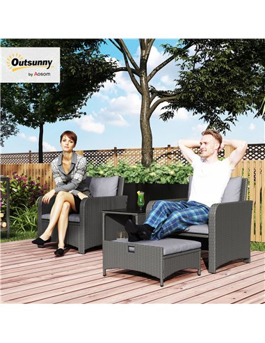 Outsunny Five Piece Rattan Garden Furniture Set with 2-Tier Coffee Table and Ottomans - Grey