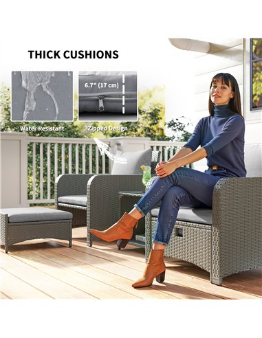 Outsunny Five Piece Rattan Garden Furniture Set with 2-Tier Coffee Table and Ottomans - Grey