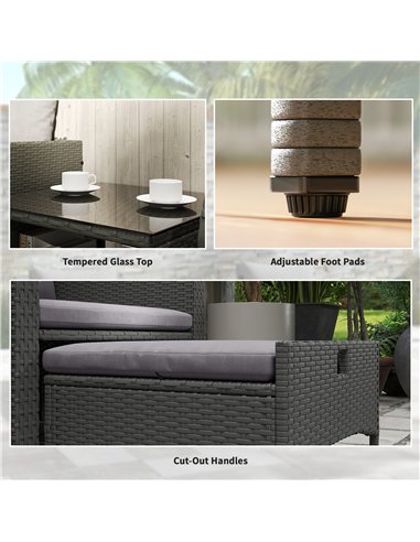 Outsunny Five Piece Rattan Garden Furniture Set with 2-Tier Coffee Table and Ottomans - Grey