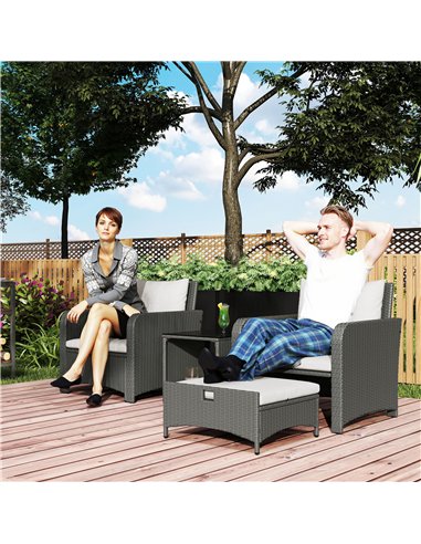 Outsunny Five Piece Rattan Garden Furniture Set with 2-Tier Coffee Table and Ottomans  - Cream White