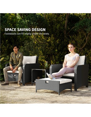 Outsunny Five Piece Rattan Garden Furniture Set with 2-Tier Coffee Table and Ottomans  - Cream White