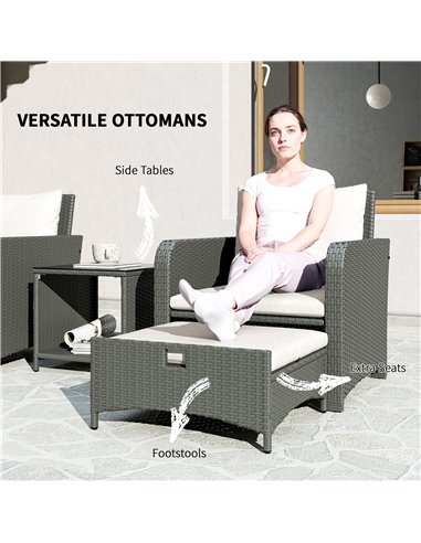 Outsunny Five Piece Rattan Garden Furniture Set with 2-Tier Coffee Table and Ottomans  - Cream White