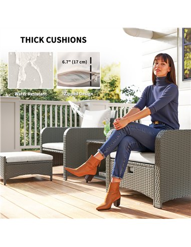 Outsunny Five Piece Rattan Garden Furniture Set with 2-Tier Coffee Table and Ottomans  - Cream White