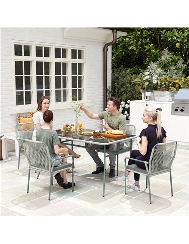 Outsunny Five-Piece PE Rattan Garden Dining Set with Cushions & Stackable Chairs - Light Grey