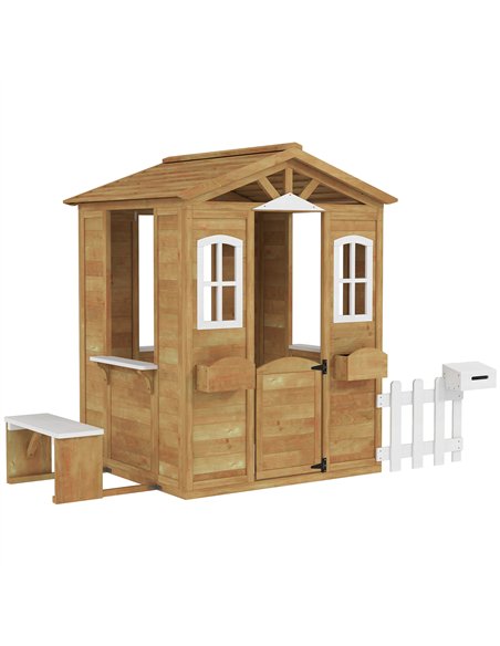 Outsunny Wooden Playhouse for Kids with Door, Windows, Mailbox, Flower Pot Holder, Serving Station, Bench for Children, Yellow - pic 164171 | FastDaddyshop