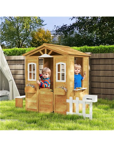 Outsunny Wooden Playhouse for Kids with Door, Windows, Mailbox, Flower Pot Holder, Serving Station, Bench for Children, Yellow