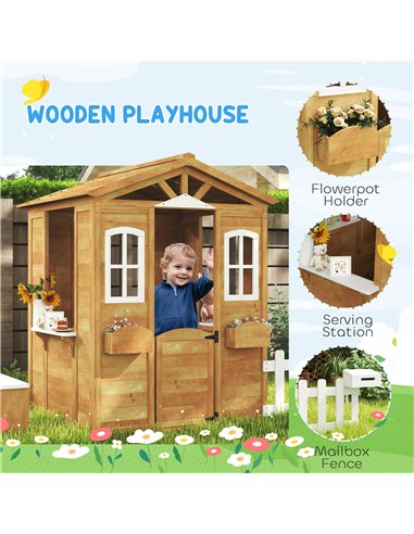 Outsunny Wooden Playhouse for Kids with Door, Windows, Mailbox, Flower Pot Holder, Serving Station, Bench for Children, Yellow