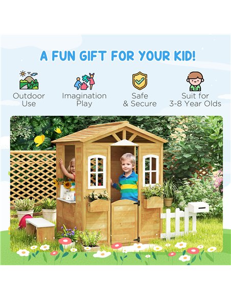 Outsunny Wooden Playhouse for Kids with Door, Windows, Mailbox, Flower Pot Holder, Serving Station, Bench for Children, Yellow - pic 164176 | FastDaddyshop