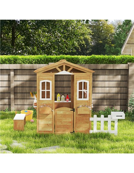 Outsunny Wooden Playhouse for Kids with Door, Windows, Mailbox, Flower Pot Holder, Serving Station, Bench for Children, Yellow - pic 164177 | FastDaddyshop