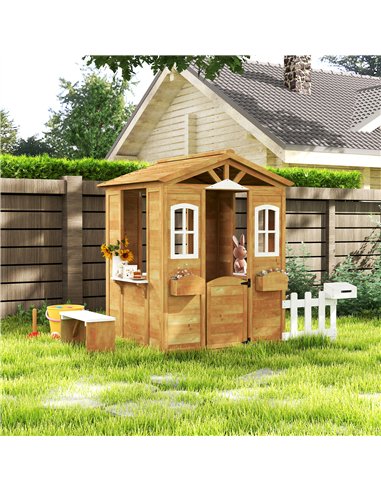 Outsunny Wooden Playhouse for Kids with Door, Windows, Mailbox, Flower Pot Holder, Serving Station, Bench for Children, Yellow