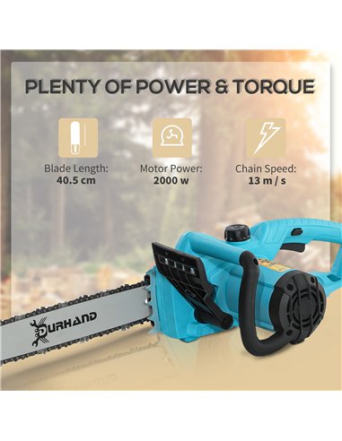 DURHAND Aluminium Chainsaw with Double Brake Protection and Blade Cover, 2000 W, 40 cm, for Wood, Trees and Branches, Blue