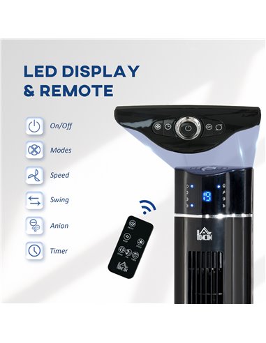 Homcom 42" Anion Tower Fan Cooling with 3 Speed, Timer, Oscillating, LED, Remote, Black