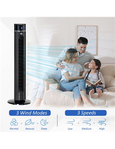 HOMCOM 42" Anion Tower Fan Cooling for Bedroom with 3 Speed, 8h Timer, Oscillating, LED Panel, Remote Controller, Black