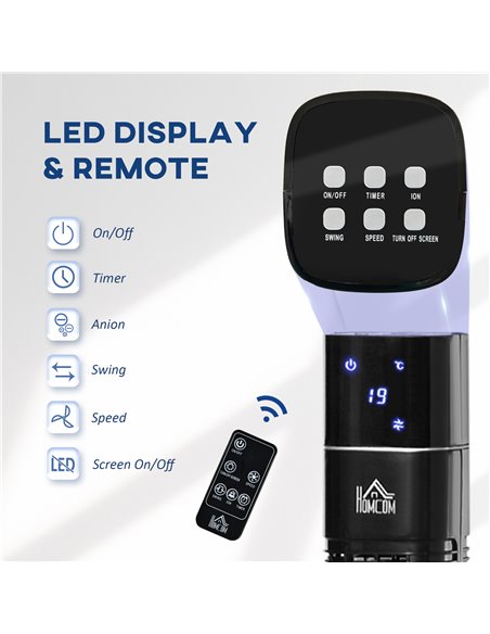 HOMCOM 47" Anion Tower Fan Cooling for Bedroom with 3 Speed, 12h Timer, Oscillating, LED Display, Remote Controller, Black - pic 16471 | FastDaddyshop