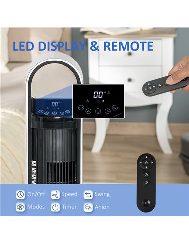 Homcom 39" Anion Tower Fan Cooling with Oscillating, 3 Speed, Timer, LED, Remote, Silver