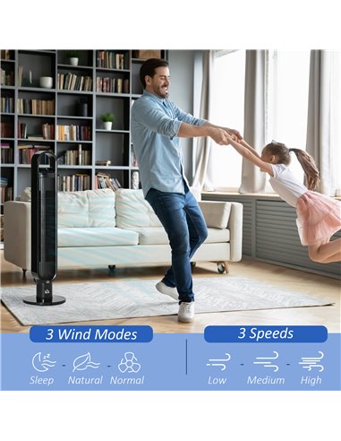 Homcom 39" Anion Tower Fan Cooling with Oscillating, 3 Speed, Timer, LED, Remote, Black