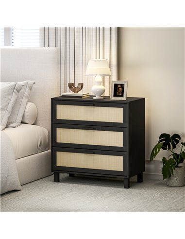 HOMCOM Rattan Bedroom Chest of Drawers, 3 Drawers Storage Unit, Boho Dresser for Living Room, Hallway, Black