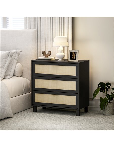 HOMCOM Rattan Bedroom Chest of Drawers, 3 Drawers Storage Unit, Boho Dresser for Living Room, Hallway, Black - pic 164962 | FastDaddyshop