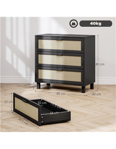 HOMCOM Rattan Bedroom Chest of Drawers, 3 Drawers Storage Unit, Boho Dresser for Living Room, Hallway, Black