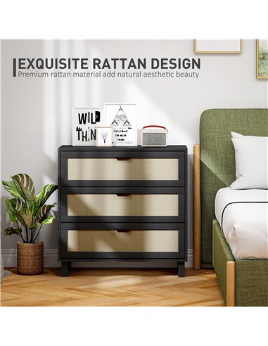 HOMCOM Rattan Bedroom Chest of Drawers, 3 Drawers Storage Unit, Boho Dresser for Living Room, Hallway, Black