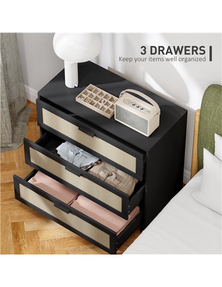 HOMCOM Rattan Bedroom Chest of Drawers, 3 Drawers Storage Unit, Boho Dresser for Living Room, Hallway, Black - pic 164965 | FastDaddyshop