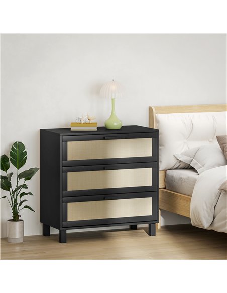 HOMCOM Rattan Bedroom Chest of Drawers, 3 Drawers Storage Unit, Boho Dresser for Living Room, Hallway, Black - pic 164967 | FastDaddyshop