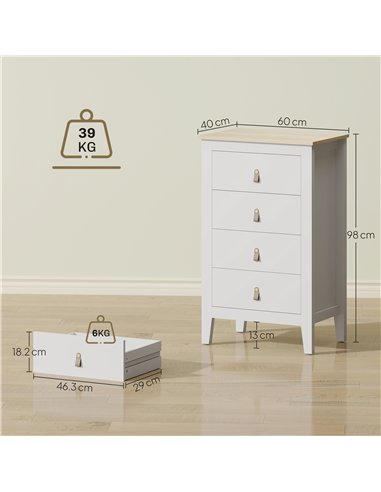 HOMCOM Modern 4 Drawer Dresser with Leather Handles, White 831-982V01WT