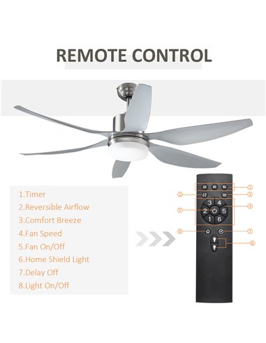Homcom Reversible Ceiling Fan with Light, 6 Blades, Remote, Silver