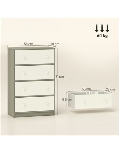 HOMCOM Chest of Drawers, Dresser with 4 Fabric Drawers - White and Grey