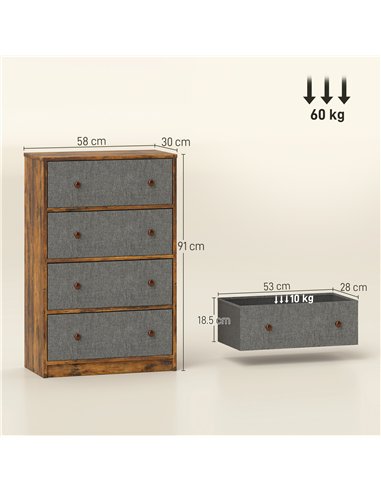 HOMCOM Chest of Drawers, Dresser with 4 Fabric Drawers - Grey and Rustic Brown