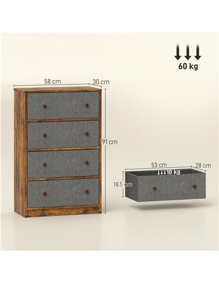 HOMCOM Chest of Drawers, Dresser with 4 Fabric Drawers - Grey and Rustic Brown - pic 165089 | FastDaddyshop
