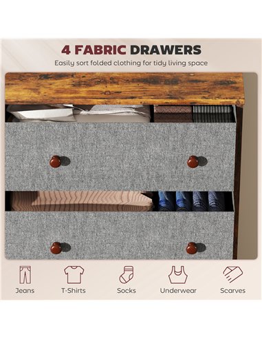 HOMCOM Chest of Drawers, Dresser with 4 Fabric Drawers - Grey and Rustic Brown