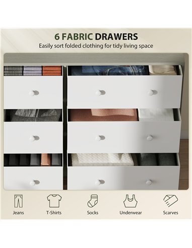HOMCOM Chest of Drawers, Dresser with 6 Fabric Drawers - White and Grey