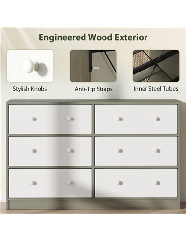 HOMCOM Chest of Drawers, Dresser with 6 Fabric Drawers - White and Grey