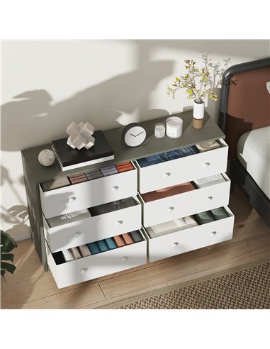 HOMCOM Chest of Drawers, Dresser with 6 Fabric Drawers - White and Grey
