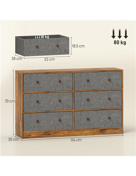 HOMCOM Chest of Drawers, Dresser with 6 Fabric Drawers - Grey and Rustic Brown - pic 165107 | FastDaddyshop