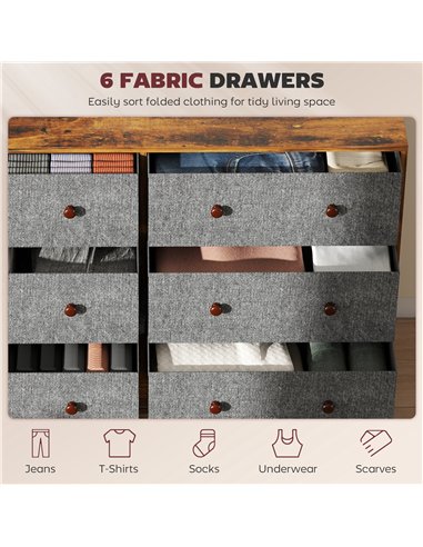 HOMCOM Chest of Drawers, Dresser with 6 Fabric Drawers - Grey and Rustic Brown