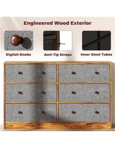 HOMCOM Chest of Drawers, Dresser with 6 Fabric Drawers - Grey and Rustic Brown