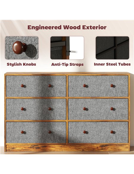 HOMCOM Chest of Drawers, Dresser with 6 Fabric Drawers - Grey and Rustic Brown - pic 165110 | FastDaddyshop