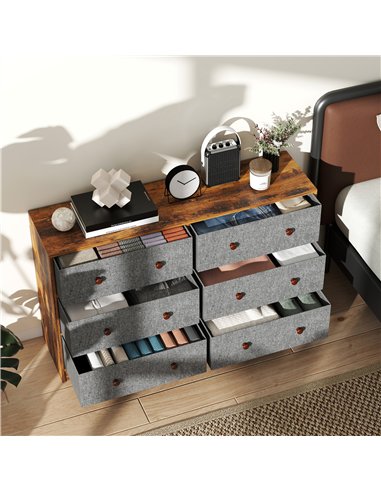HOMCOM Chest of Drawers, Dresser with 6 Fabric Drawers - Grey and Rustic Brown