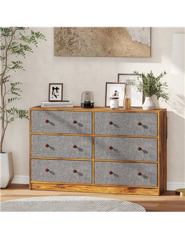 HOMCOM Chest of Drawers, Dresser with 6 Fabric Drawers - Grey and Rustic Brown