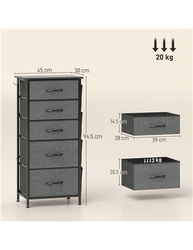 HOMCOM Chest of Five Fabric Drawers - Charcoal Grey