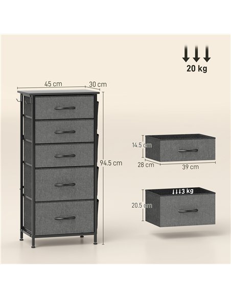 HOMCOM Chest of Five Fabric Drawers - Charcoal Grey - pic 165161 | FastDaddyshop